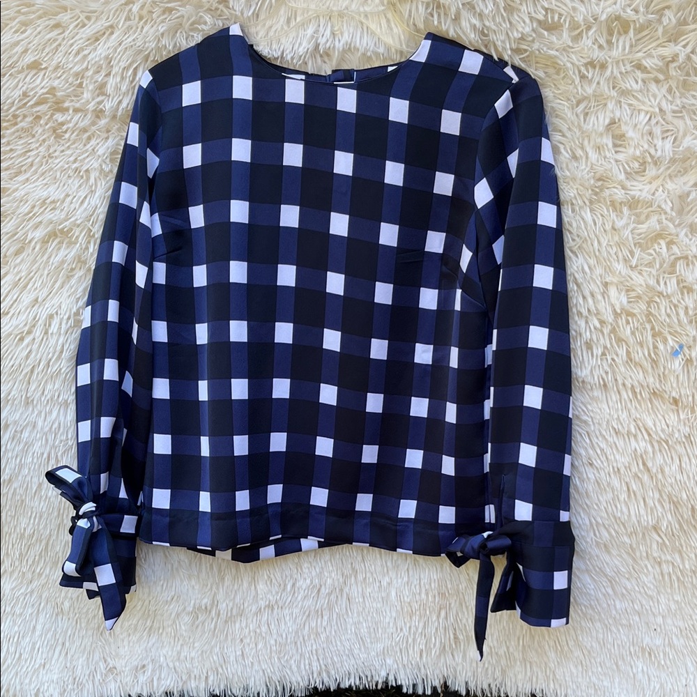 Banana Republic Black Navy & White Gingham Tie-Cuff Blouse. Long sleeve XS
